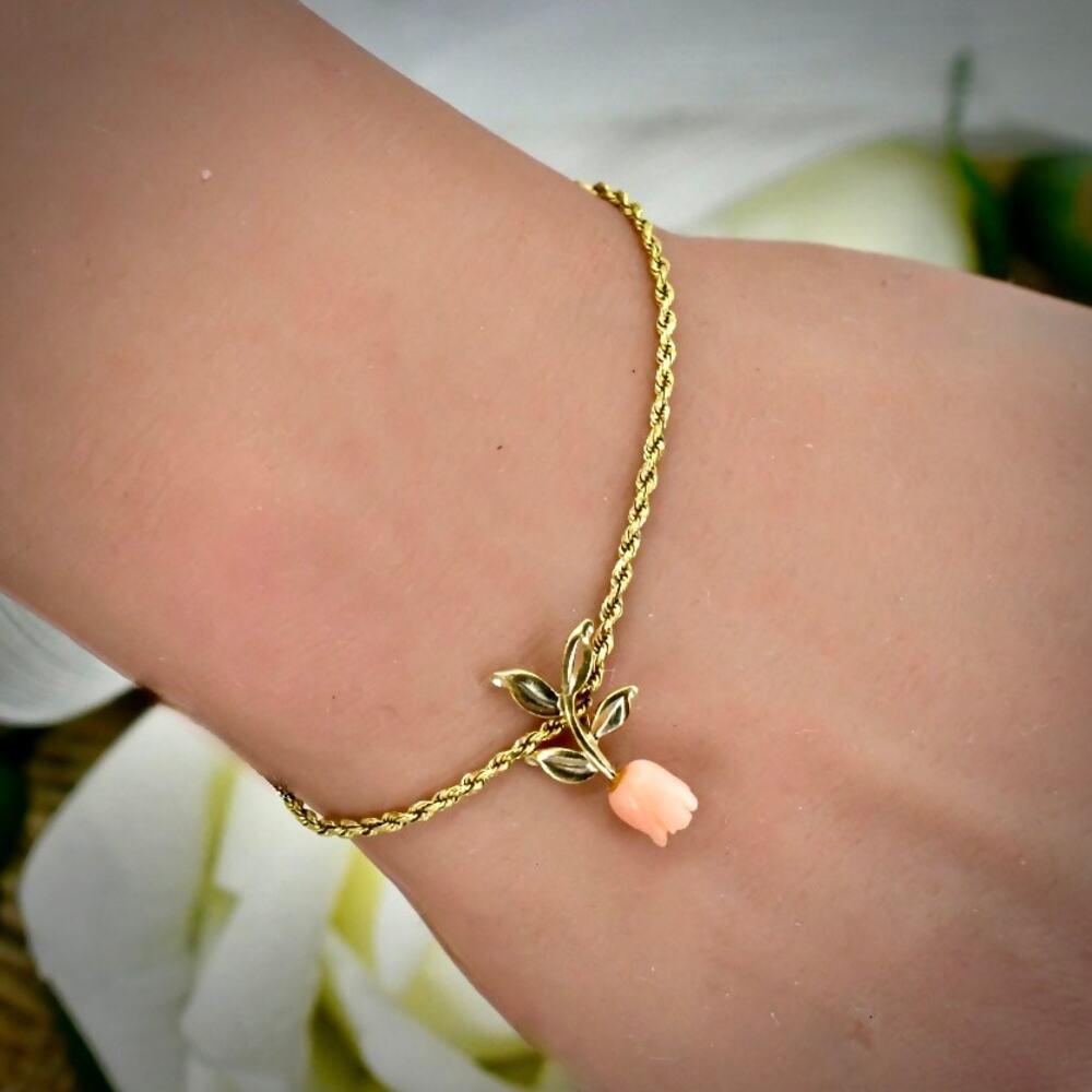Vintage 14k Yellow Gold Chain Bracelet w/ Floral Charm Minimalist Dainty Jewelry